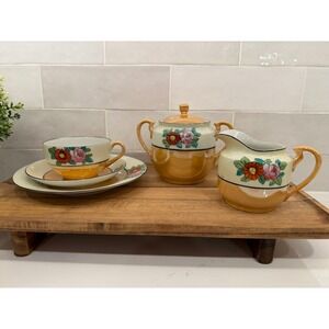 Vintage Lusterware Tea Set Floral Hand Painted Sugar Creamer Cup Saucer 5 Piece‎